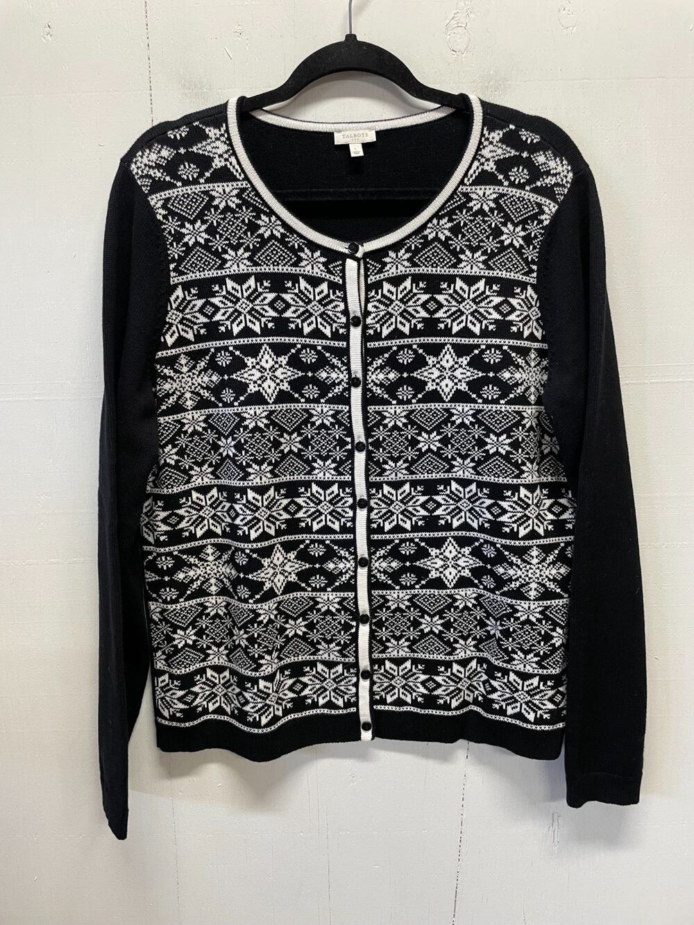 Talbots Women's Black & White Snowflake Fair Isle Cardigan Knit Sweater Sz Large